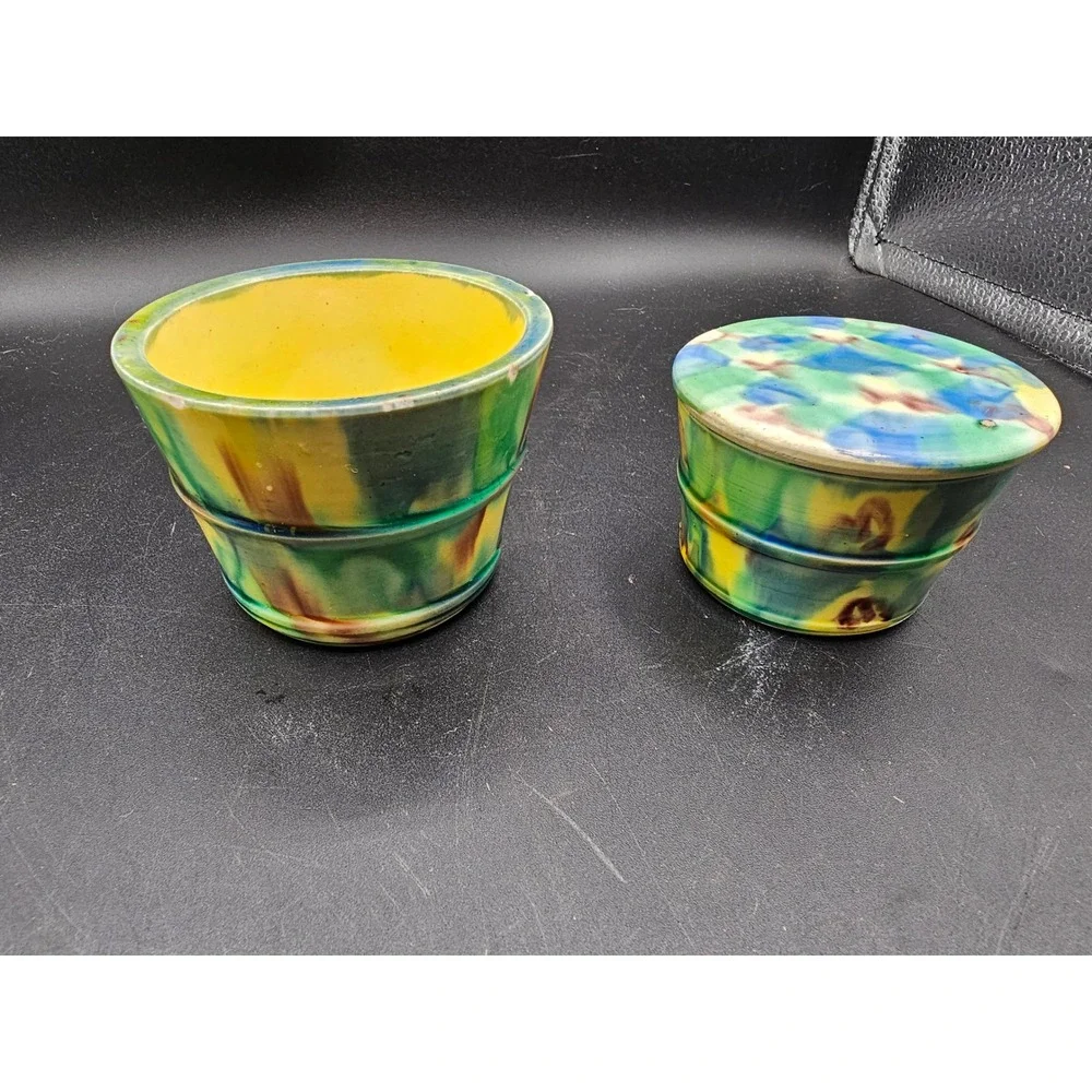 Vintage Studio Pottery Hand Glazed Ceramic Pots Set of 2 Green Yellow Blue